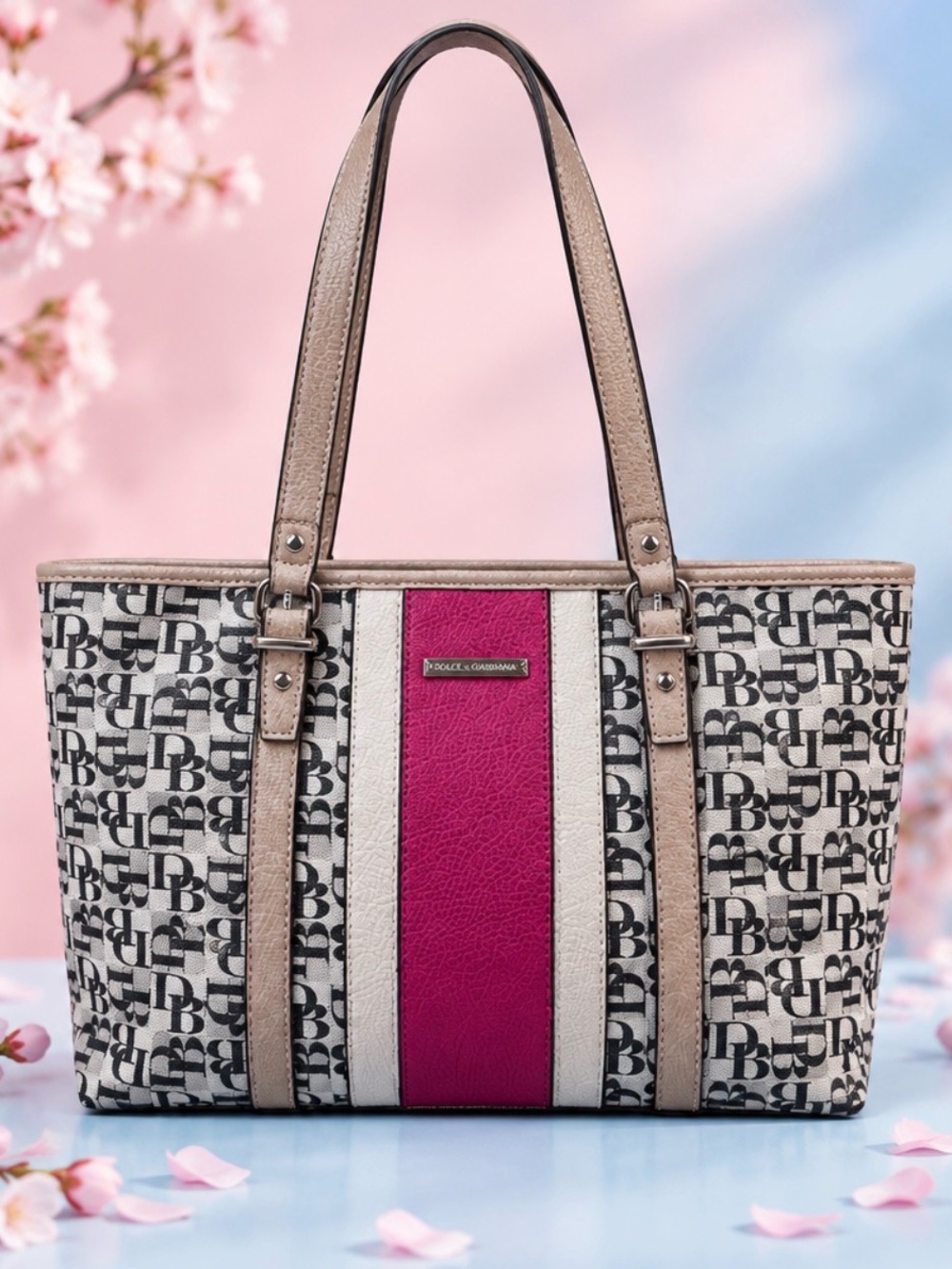 Dana Buchman Black Logo Canvas Tote with Pink and Cream Center Stripe